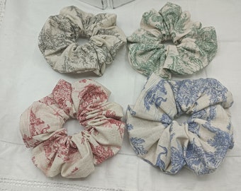 Toile de Jouy Cotton Scrunchie- Chouchous -   Red- Blue Green or Grey on Ecru- Handmade - Pastoral