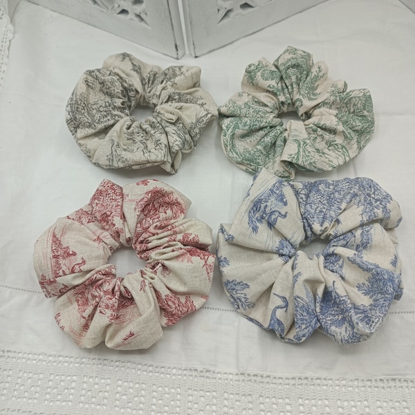 Toile de Jouy Cotton Scrunchie- Chouchous -   Red- Blue Green or Grey on Ecru- Handmade - Pastoral