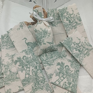 Mini bolsitas - Toile de Jouy verde - Algodón - Escena pastoral campestre francesa - Recuerdos de boda - Baby Shower - 10 bolsitas - Confeti - Hecho a mano