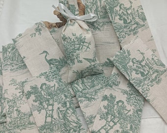 Mini Sachets - Green Toile de Jouy -Cotton -French Country Pastoral Scene - Wedding Favours - Baby Shower -  10 Sachets- Confetti - Handmade