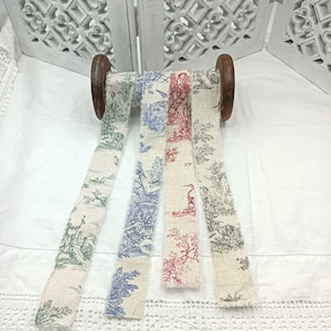 Toile de Jouy  Cotton Ribbon Strips-  2 mts each of Red- Blue Green or Grey - French Pastoral Scene -  Craft Supply- Oeko Tex- Slow Stiching