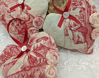 Toile de Jouy Heart  Lavender Sachets  - Set of Three  - Red and Cream - French - Summer in the Orchard  -  Handmade