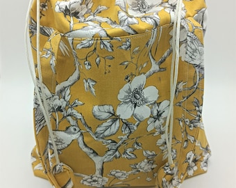 Tote Bag -Knitting -Crochet -  Drawstring Top  - Craft Caddy  - Handmade- Beautiful Birds on  Flowery Branches