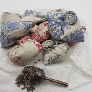 Toile De Jouy Red-Blue 0r Grey -Set off 3 French Organic Lavender  Fortune Cookies -  with Rolled Rose - French Pastoral Scene