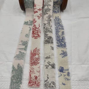 Tiras de cinta de algodón Toile de Jouy - 8 m en total - Rojo, azul, verde y gris - Envoltura de regalos - Costura lenta - Lazos de boda - Diarios basura - Borde sin rematar
