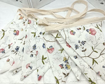 Bunting - White  Cotton with Spring florals  - 3.66mts length - 13 Flags - Party Bunting -  Handmade - Garden - Vintage Cotton