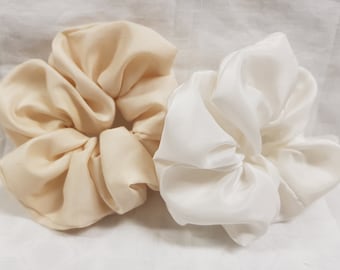 Set of Two  Pure Silk Scrunchie- Chouchous -  Pale Blush Apricot and  Pure White - Handmade