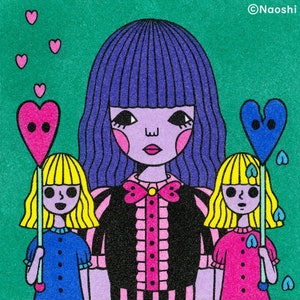 May include: A purple-haired doll with a pink bow and black and white striped dress stands between two dolls holding heart-shaped lollipops. The doll on the left is holding a pink lollipop with black eyes, and the doll on the right is holding a blue lollipop with black eyes. The background is a solid green colour.