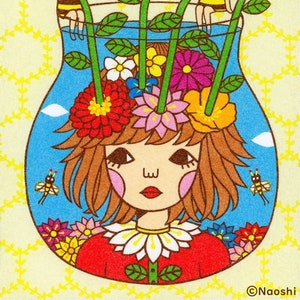 May include: A colourful illustration of a girl with flowers in her hair. She is surrounded by bees and butterflies. The girl is wearing a red dress with a white collar and a green leaf design. The background is a yellow pattern.