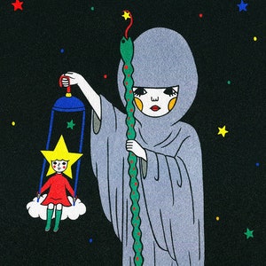 May include: A grey figure wearing a hooded robe holds a green snake staff and a blue cage with a yellow star-shaped doll swinging inside. The background is black with white stars.