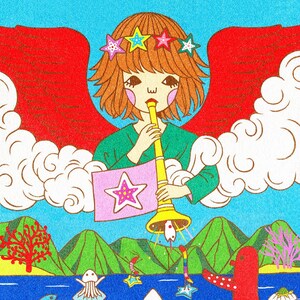 May include: Vibrant illustration of a person playing a yellow horn, wearing a star crown, and holding a flag with a star. The scene includes sea creatures on starfish, mountains, and clouds.