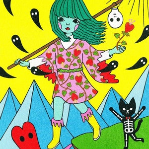 May include: A green-haired girl wearing a pink dress with red hearts walks on a mountaintop holding a stick and a skull lantern. A black cat with a skeleton body stands on a green hill. The background is yellow with a sun and black ghosts.