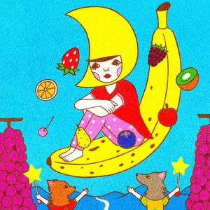 May include: A whimsical illustration of a girl wearing a yellow crescent moon hat sitting on a banana with various fruits and berries around her. Two animal figures, a fox and a wolf, are standing on either side of a stream, each holding a star-shaped wand.