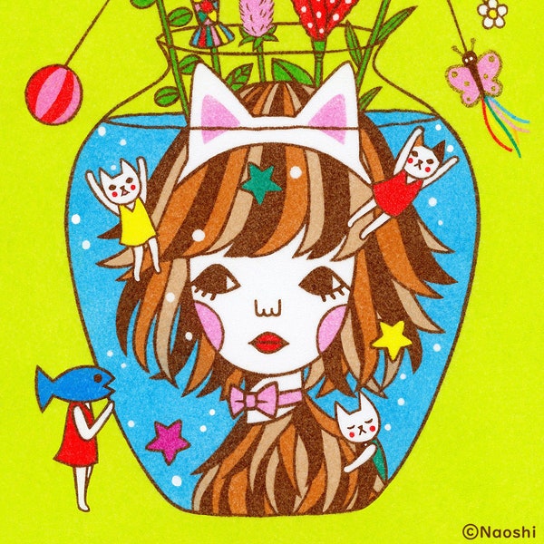 8×10 Art Print -Vase・Cat Toy Flowers-