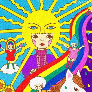 May include: A colourful illustration of a sun with a human face, a rainbow, and three figures. The rainbow is a slide for the figures. One figure is riding a white horse, another is holding a green leaf, and the third is wearing a blue droplet on their head. The background is a blue sky with clouds and sunflowers.