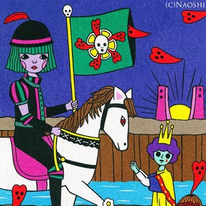 May include: Vibrant illustration of a knight on a white horse, bearing a flag with a skull and crossbones. Other figures include a queen, a girl with a flower, and fallen figures. The background depicts a stylized landscape.