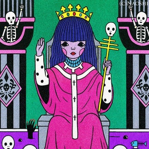 May include: A colourful illustration depicting a figure in a pink robe and crown, holding a skull-topped staff. The artwork includes skeletons, hands, and keys on a purple surface, with a green backdrop and black and white striped columns.