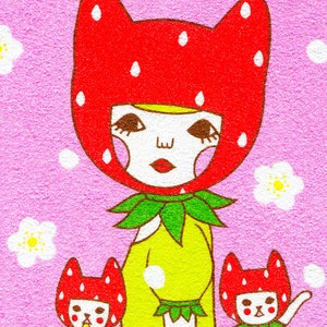 May include: A pink background with three cartoon characters wearing strawberry hats. The characters are all white with black eyes and red cheeks. The middle character is the tallest and is wearing a yellow dress with green leaves around the neck. The two smaller characters are wearing blue overalls. The text "©Naoshi" is in the upper right corner of the image.