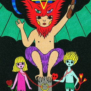 May include: Vibrant illustration of a horned figure with a torch and a pentagram. Two figures are chained to a ring below. The image includes the text "(C)NAOSHI". The artwork uses bright colours and bold lines.