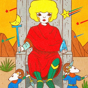 May include: An illustration of a figure in a red robe and gold crown seated on a stone throne, holding a blue staff and a water droplet. Two ram-headed figures in blue and red stand at the base. The background is yellow with shooting stars.