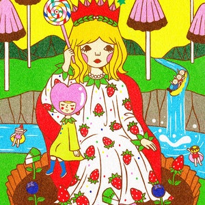 May include: A cartoon illustration of a queen wearing a red crown and a white dress with strawberries. She is sitting on a throne made of a giant cupcake. A small doll with a pink heart head is sitting on her lap. The queen is holding a lollipop and there are mushrooms and a waterfall in the background.