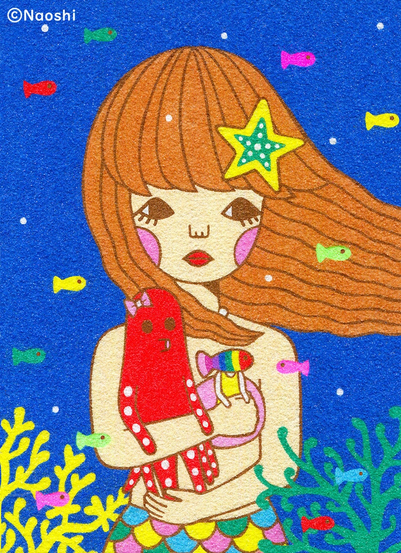 May include: A cartoon mermaid with long brown hair and a starfish in her hair is holding a red and white polka dot octopus and a pink and rainbow octopus. The mermaid is wearing a colorful mermaid tail and is surrounded by coral and fish.