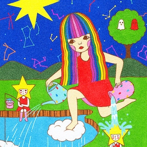 May include: A girl with rainbow hair pours water from a pink pitcher onto a yellow star-shaped character sitting in a blue pond. A smaller yellow star-shaped character fishes in the pond. The scene is set against a blue night sky with stars.