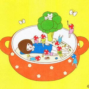 May include: A red and white ceramic pot with a white interior and a white rim. The pot is filled with a green broccoli plant and several small figures with red mushroom caps. The figures are sitting, standing, and lying down in the pot. The pot has a white daisy pattern on the outside.