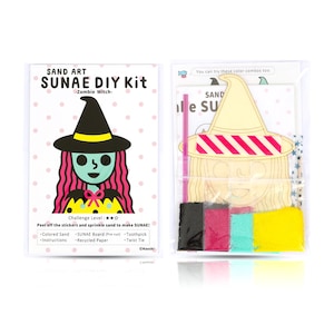 May include: A Sand Art SUNAE DIY Kit with a Zombie Witch theme. The kit contains a pre-cut board, coloured sand, instructions, and a toothpick. The challenge level is two out of three stars. It also includes recycled paper and a twist tie.