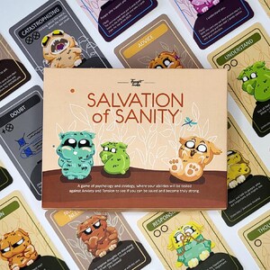Peut inclure: Un jeu de société intitulé "Salvation of Sanity" avec une boîte et plusieurs cartes. La boîte est marron clair avec le titre du jeu et des personnages de dessins animés. Les cartes présentent des personnages de dessins animés et des phrases comme "Vision" et "Doubt".