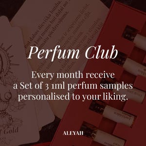 May include: A red box with perfume samples. The text "Perfume Club" is displayed, along with the text "Every month receive a Set of 3 1ml perfum samples personalised to your liking."