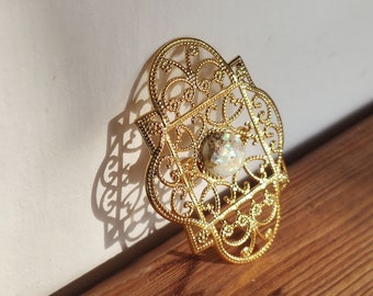 Jerusalem door - gold plated filigree brooch pin with handmade resin harlequin opal cabochon