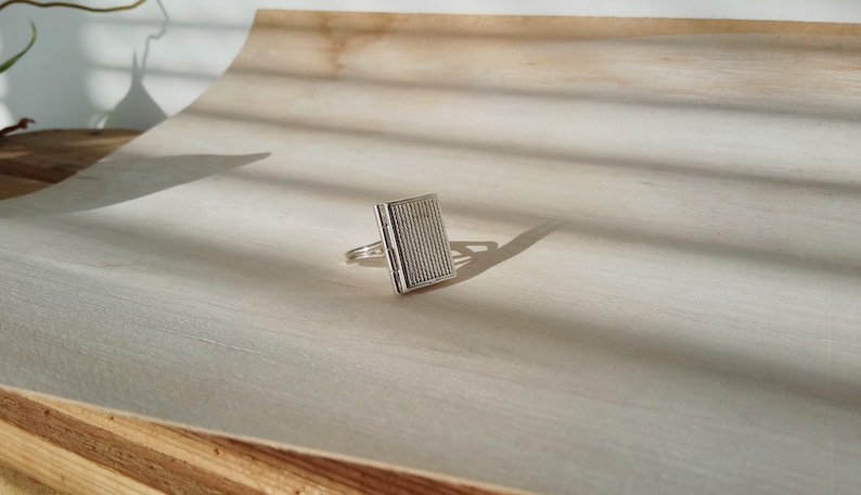 teacher librarian Gift for a book nerd Bookworm locket ring silver plated book on a simple band adjustable size student