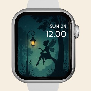 Sfondo fiabesco per Apple Watch / Silhouette magica di una fata / Sfondo fantasy in stile cottagecore scuro / Quadrante iWatch con foresta notturna incantata