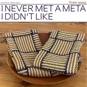 May include: Two brown and green striped pot holders with a black and white geometric pattern. The pot holders are on a wooden surface.