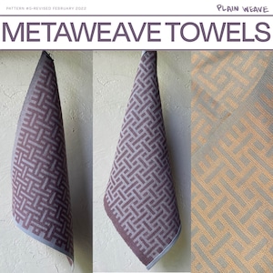 Op de afbeelding: Drie handdoeken met een geometrisch patroon in grijstinten, bruin en oranje. De handdoeken hangen aan een muur en hebben de tekst "PLAIN WEAVE" en "METAWEAVE TOWELS" erboven.