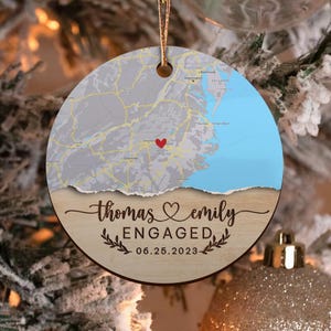 Custom Location Engaged Ornament, Engagement Announcement- Couples Ornament, Personalized First Christmas Engaged, Engagement Keepsake