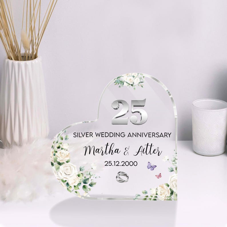 Personalized 25th Wedding Anniversary Gift, Silver Anniversary Heart ...