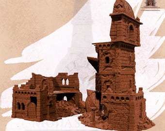 Ruined Medieval Tower & House Terrain Set – 28mm 32mm Fantasy City Ruins – Tabletop Scenery