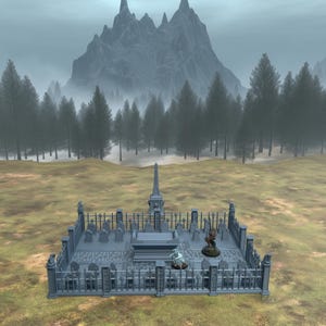 May include: A miniature gray cemetery scene with a detailed fence, tombstones, and a central mausoleum. The scene is set on a grassy field with a backdrop of a forest and a mountain range under a cloudy sky. Includes two miniature figurines.