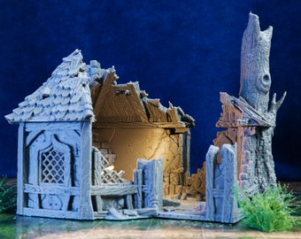 Verwoest middeleeuws huisje, Wargaming-terrein, RPG-landschap