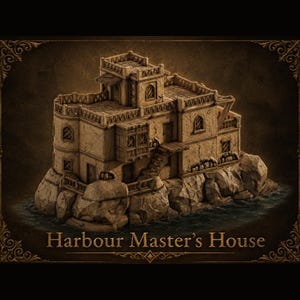 Peut inclure: Une maquette miniature d'un bâtiment en pierre à plusieurs niveaux perché sur un rocher entouré d'eau. La structure présente des balcons, des fenêtres en arc et un escalier. Le texte 'Harbour Master's House' est inscrit en bas.