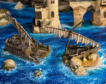 Wrecked Baghlah Ship Terrain | Shipwreck Scatter Terrain for 28mm-32mm Fantasy and Pirate Tabletop Games