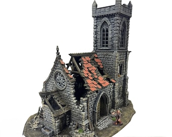 Ruined Gothic Church with Modular Tower – Medieval Fantasy Tabletop Terrain (28-32mm Scale)