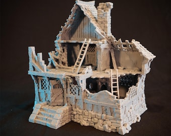 Terräng med förfallet medeltida hus | Fantasy RPG-landskap, skala 28 mm 32 mm