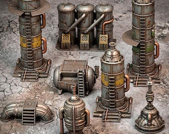 Terrängset för industriraffinaderi – 8-delat sci-fi-fabrikslandskap för 28 mm–32 mm bordsspel