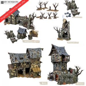 Pode incluir: Uma coleção de edifícios e árvores em miniatura, provavelmente para jogos de tabuleiro. O conjunto inclui estruturas rotuladas como "Hollowstone Manor", "House of Whispers", "Barn" e "Bastion". Os edifícios são feitos de pedra e madeira com texturas detalhadas.