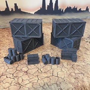 Wargaming Containers Bulk Shipping Crates for Wargaming, ammoboxes barrels scatter terrain for Grim Dark future space WTC DIMENSIONS
