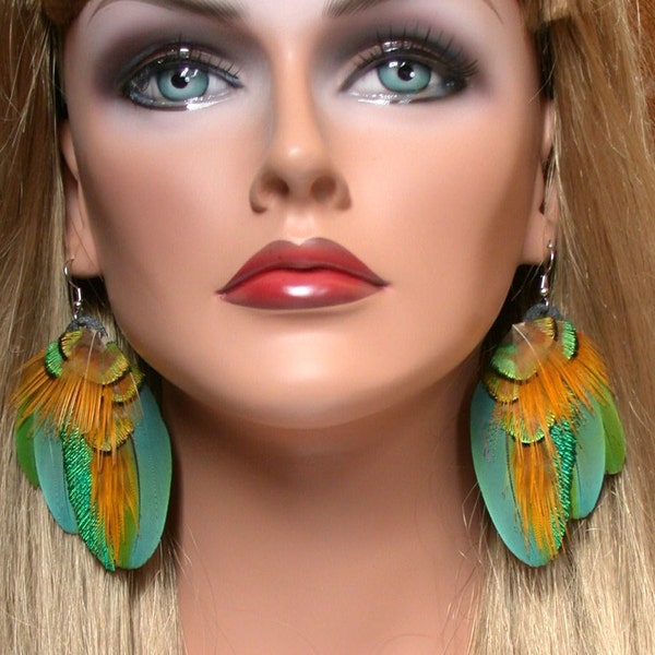 Parrot and Pheasant Feather Earrings- Ready To Ship- All Natural Colors