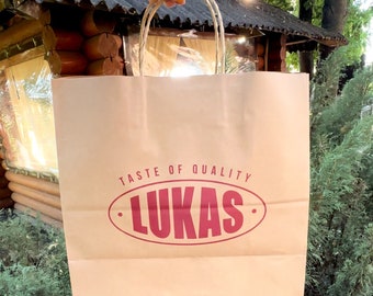 Individuelle Kraftpapiertüte , Tasche, bedrucktes Logo, Geschenkverpackungstasche, Verpackungstasche zum Mitnehmen, Logo-Papiertüten, Logodrucktasche für Hochzeit